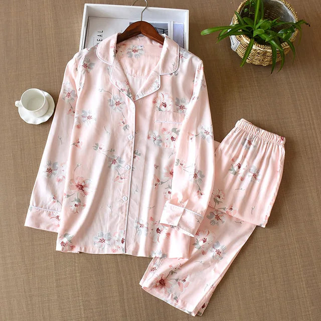 Japanese style new spring and summer women's pajamas Viscose fiber silk long-sleeved trousers suit flower printing home service