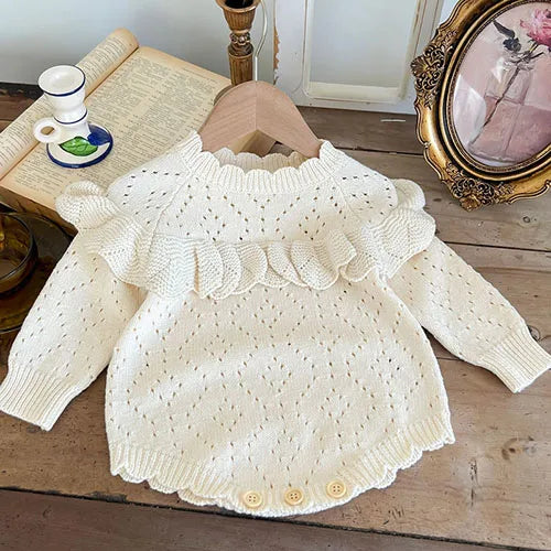 Toddler Baby Knitting Romper Cherry Embroidery Long Sleeve Infant Baby Girls Knitting Jumpsuit Autumn Spring Baby Girl Clothing