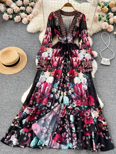 2023 Fashion Runway Gorgeous Flower Chiffon Cascading Ruffles Dress Women Deep V Neck Long Sleeve Floral Print Boho Robe Vestido