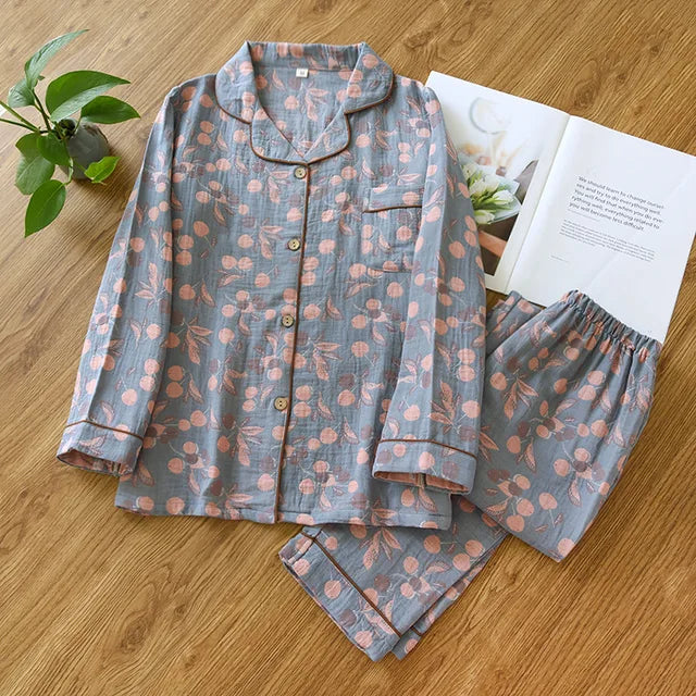 2023 Japanese Spring and Autumn New Women's Pajama Set 100% Cotton Vintage Long sleeved Pants Two Piece Set for Home Furnishings
