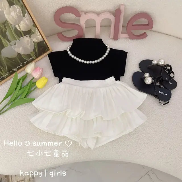2023 Korean Girls Baby Summer Clothing Set Tees T-shirt+pleated Shorts Shirts,elegant Girl Kids Princess Suit Children Clothes