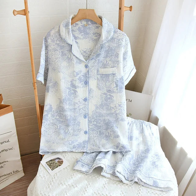 100% Cotton Gauze Women Pajamas Sleepwear Female 2 Piece Set Ink Painting Printing Nightwear Pyjamas Home Clothes Loungewear