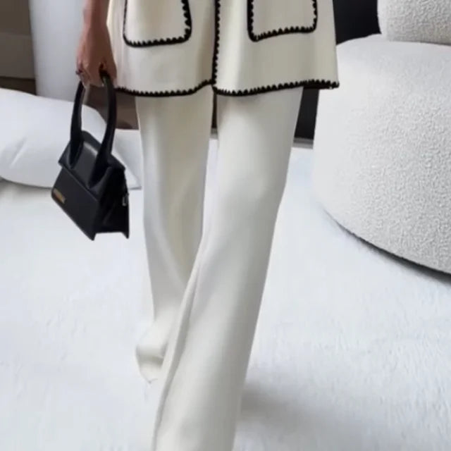 Women Patchwork Pocket Long Sleeve Knit Pant Set Fashion Single Breasted Cardigan Coats Autumn Winter Female Warm Street Jacket