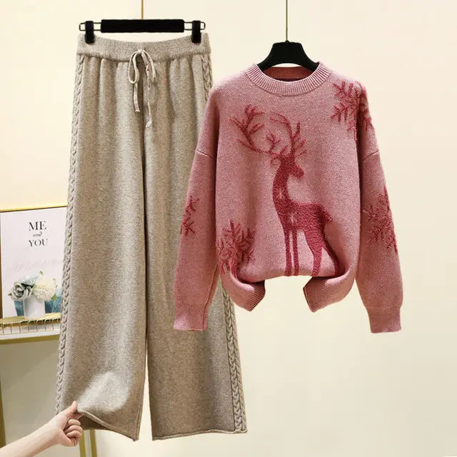 Set of Two Fashion Pieces for Women Long Sleeve Printing Pullover All-match Knitted High Waist Wide-leg Pants Women Knitted Suit