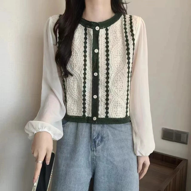2023 Summer Long Sleeve Vintage National Trend Female Clothes Hollow Out Lace Patchwork Chiffon Shirts Woman Blouses Wholesale