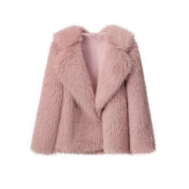 Winter Warm Fur Coat Women Elegant Turndown Collar Long Sleeve Short Coats Female 2023 Fashion Streetwear Creamy White Outwear