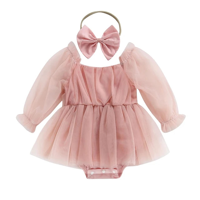 ma&baby 0-24M Newborn Baby Girl Romper Princess Infant Toddler Long Sleeve Tulle Jumpsuit + Bow Headband Fall Spring Outfits