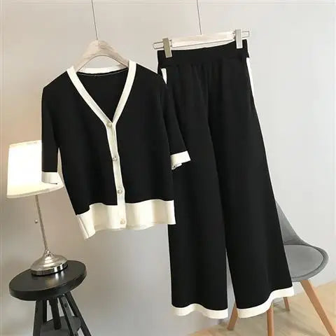 Knitted Two Piece Set for Women Cardigan+ Wide Leg Pant Sets Short Sleeve Korean Outfit Tracksuit 2023 Patchwork Autumn Suit New