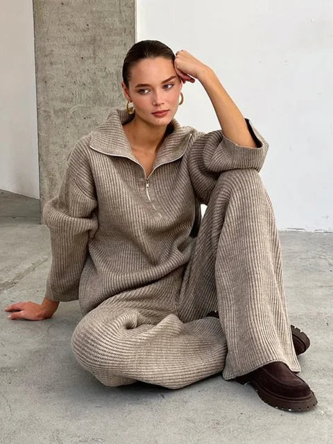 Women Knit Two Piece Set Side Split Long Sleeve Warm Sweater High Waist Wide Leg Pants Sets Female 2023 Winter Casual Lady Suit