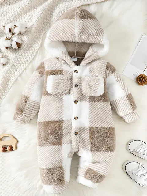 Baby Boys and Girls Plaid Romper Hooded Long Sleeved  Plush Jumpsuit Winter Warm Bodysuit Clothes for 3-24 Months Toddler Boy