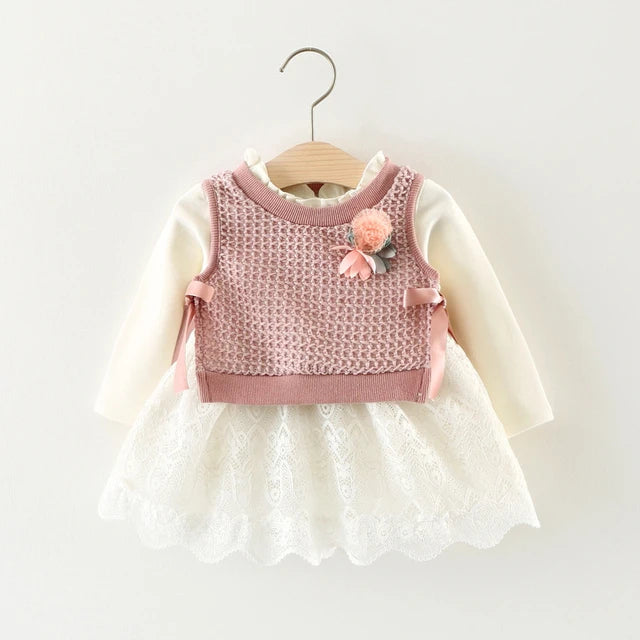 Autumn Kids Dress for Girls Long Sleeve Fake 2Pc Knitted Dresses Newborn Bady Clothes Toddler Baby Clothing Costumes 0-24M