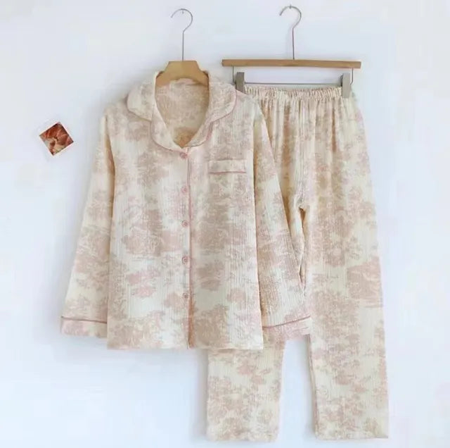 100% Cotton Gauze Women Pajamas Sleepwear Female 2 Piece Set Ink Painting Printing Nightwear Pyjamas Home Clothes Loungewear