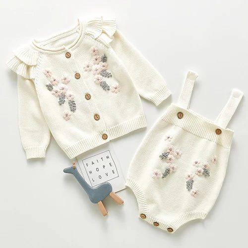 Infant Baby Girls Knitting Clothing Sets Long Sleeve Flower Cardigan Coat+Rompers Spring Autumn Toddler Girl Clothes Suit