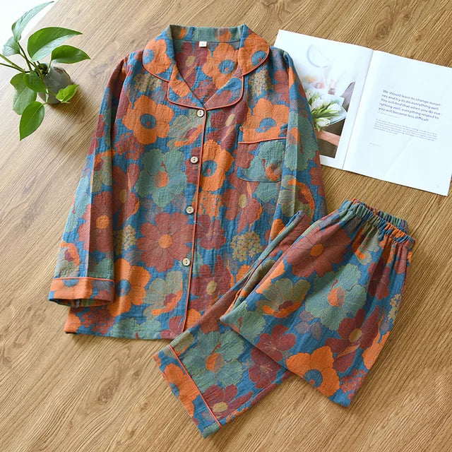 2023 Japanese Spring and Autumn New Women's Pajama Set 100% Cotton Vintage Long sleeved Pants Two Piece Set for Home Furnishings