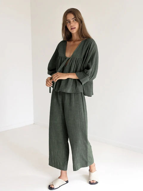 Linad Cotton 2 Piece Sets Women's Nightwear Three Quarter Sleeve V Neck Lace Up Pajamas Loose Trouser Suits Female Sleepwear