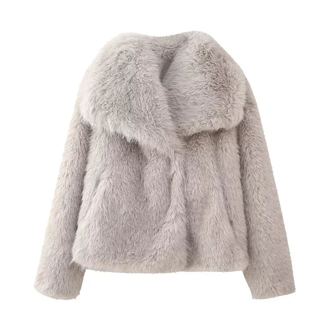 Winter Warm Fur Coat Women Elegant Turndown Collar Long Sleeve Short Coats Female 2023 Fashion Streetwear Creamy White Outwear
