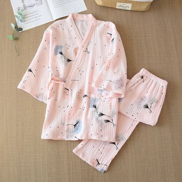 Spring and Summer Pure Cotton Yarn Kimono Pajamas V-Neck Printing Plus Size Pijama Mujer Loungewear Women 2 Piece Sleepwear