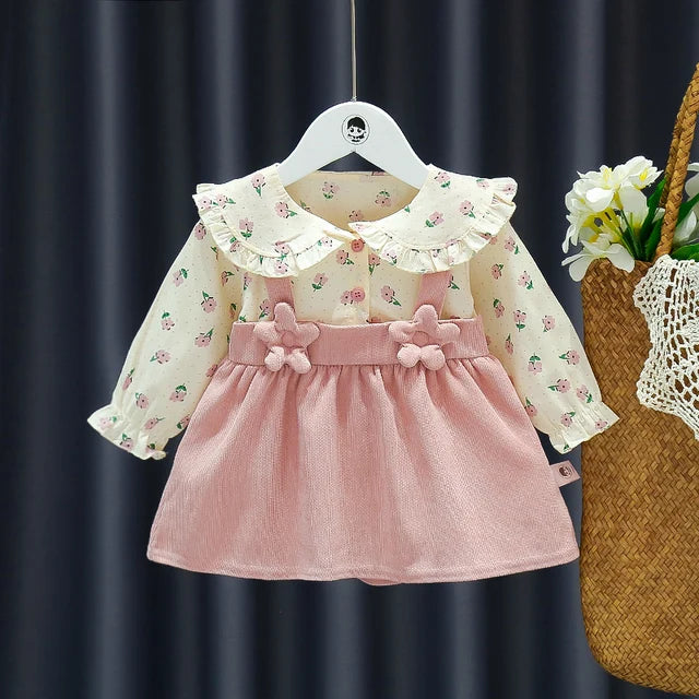 Autumn New Newborn Girls Long Sleeve Dress Cartoon Fragmented Flower Lapel Baby Princess Dress Flower Strap Dress