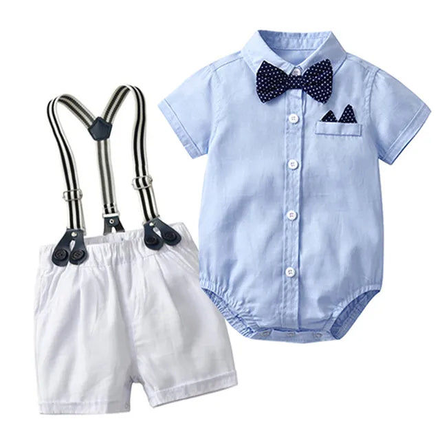 Baby Boy Clothes Summer Gentleman Birthday Suits Newborn Party Dress Soft Cotton Solid Rmper + Belt Pants Infant Toddler Set