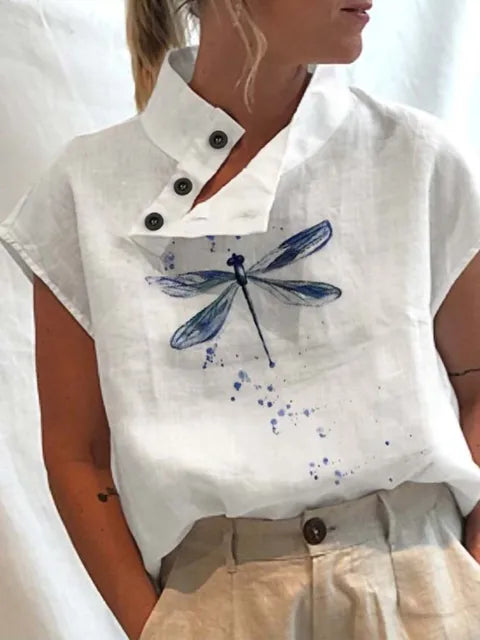 Leisure Summer Blouse Women Tops Vintage Floral Print Short Sleeve White Blouses Casual Buttons Slit Stand Neck Top Blusas