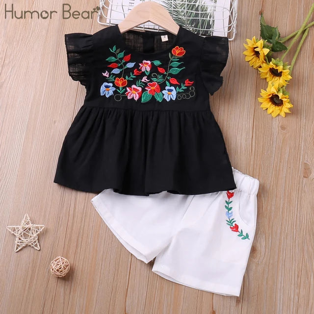 Humor Bear  Girls Clothes Set Summer Flying-Sleeve  Floral Embroidery T-Shirt + Solid Shorts  2pcs Casual Children Clothes