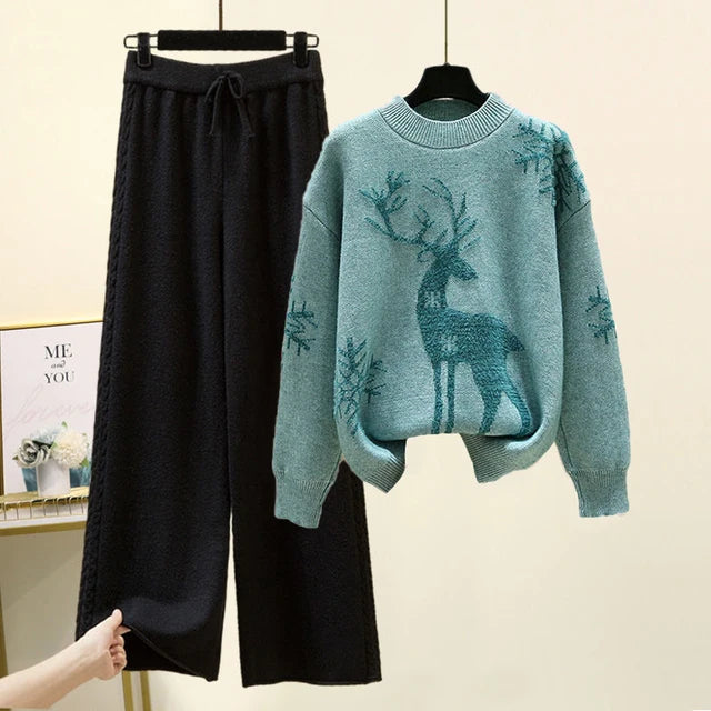 Set of Two Fashion Pieces for Women Long Sleeve Printing Pullover All-match Knitted High Waist Wide-leg Pants Women Knitted Suit