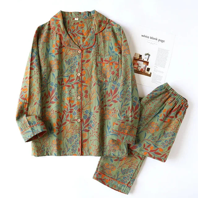 Newest Retro Style Cotton Yarn-Dyed Leaf Printed Long-Sleeved Long Trousers Cardigan Women's Home Wear Two-Piece Pyjama Set