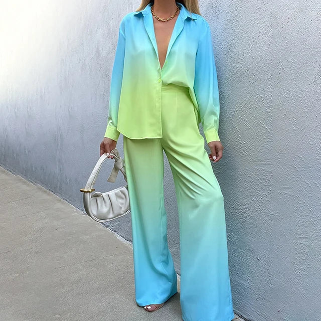 Elegant Satin Long Sleeve Shirt Straight Pant Outfits 2023 Spring High Street Lady Suit Casual Loose Gradient Blouse 2 Piece Set