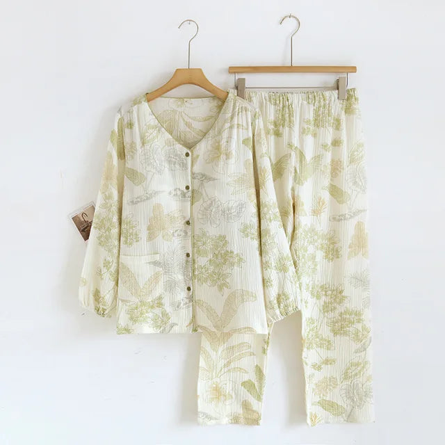 Summer And autumn Women Pajamas FlowerSea Print Sleepwear 100% Cotton Gauze Female 2 Piece Set Nightwear Lady Pyjamas Loungewear