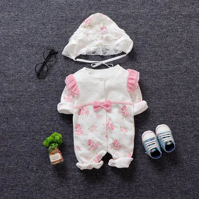 Spring Newborn Baby Girl Clothes Lace Flowers Princess Jumpsuit + Hats Infant Girls Bodysuits Onesie