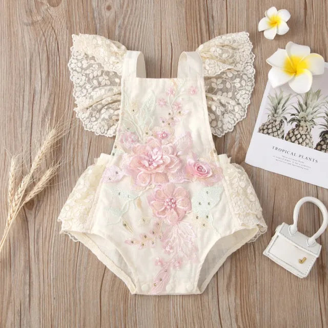 Baywell Infant Baby Girl Net Yarn Flying Sleeves Lace Embroidered Pearl Bodysuit Sweet Backless White Jumpsuit Summer Clothes
