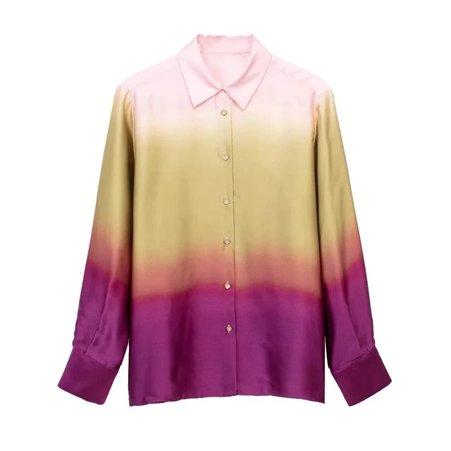 TRAF Tie Dye Shirt For Women Casual Button Lapel Print Satin Long Sleeve Shirts 2023 Streetwear Female Chic Tops Slim Blouse