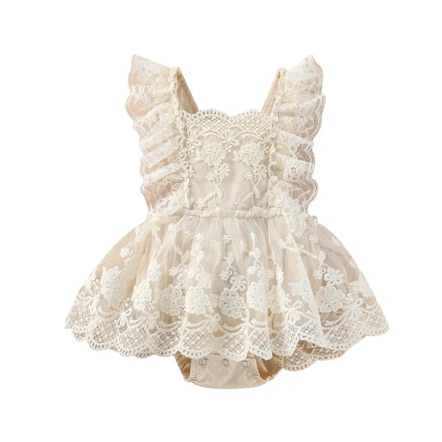 VISgogo Baby Girls Romper Dress Princess Newborn Fly Sleeve Round Neck Mesh Lace Layers Skirt Floral Jumpsuits Birthday Clothes