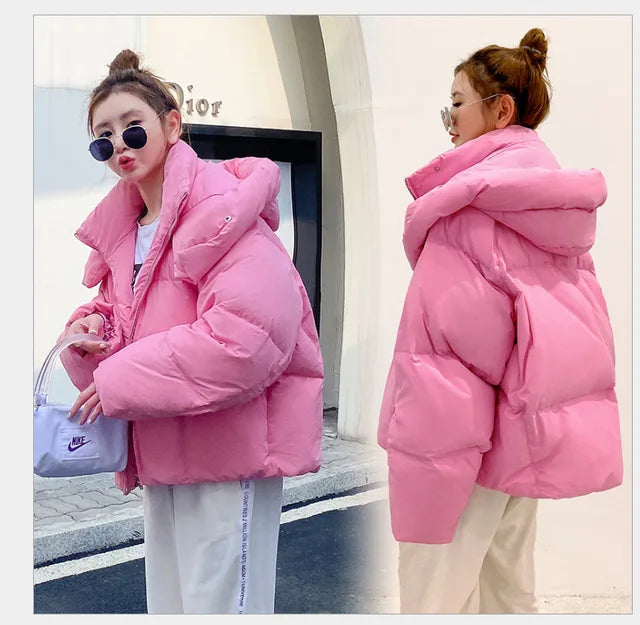 Winter Korean Style Fluffy Hooded Bread Puffer Pressure Down Jacket Women Thick Loose Short Padded Parkas New In Coats