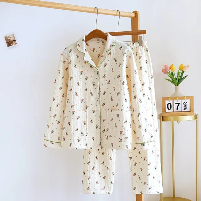 2023 New Women's Pajamas Suit Thick Warm Cardigan Winter Pyjamas Sets Long Sleeve Flower Print Home Clothes Sleepwear