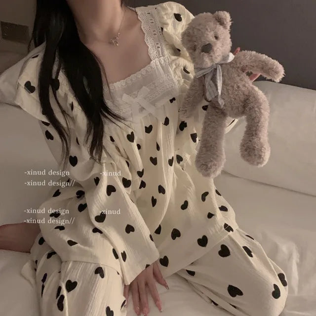 Heart  Print Sleepwear Women Pajama Sets Square Collar Pants Sets 2 Pieces Piiama Korean Style Full Sleeve Autumn Night Wears