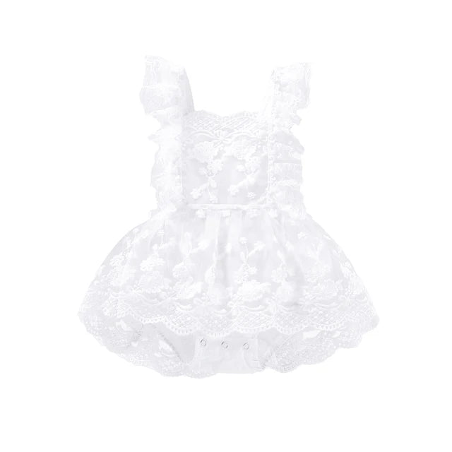 VISgogo Baby Girls Romper Dress Princess Newborn Fly Sleeve Round Neck Mesh Lace Layers Skirt Floral Jumpsuits Birthday Clothes