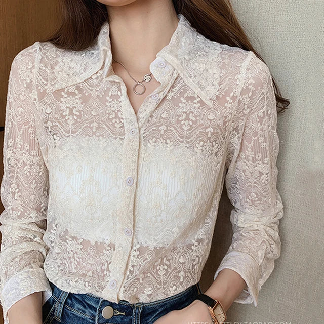 Korean Chic Floral Embroidery White Blouse Women Elegant Spring Lace Bottoming Shirt New Fashion Long Sleeve Hollow Top 13125