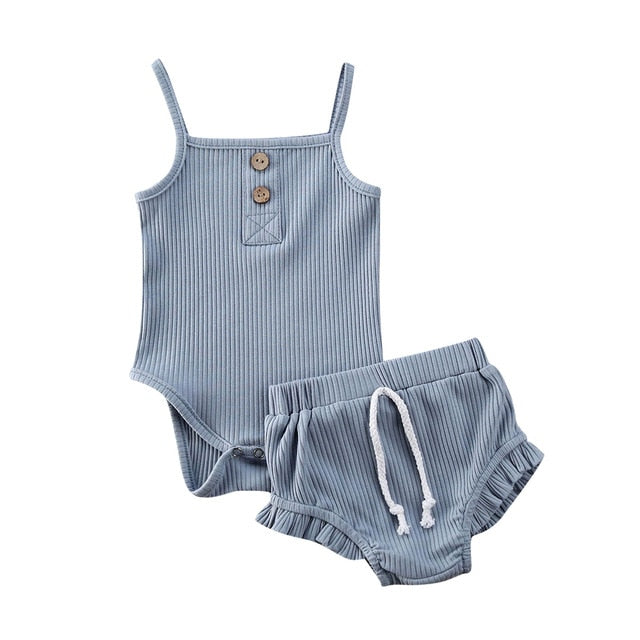 Kids Baby Summer Clothes for Newborn Baby Boys Girls Solid Lace-up Knitted Backless Rompers+Drawstring Shorts Beach Outfits Sets