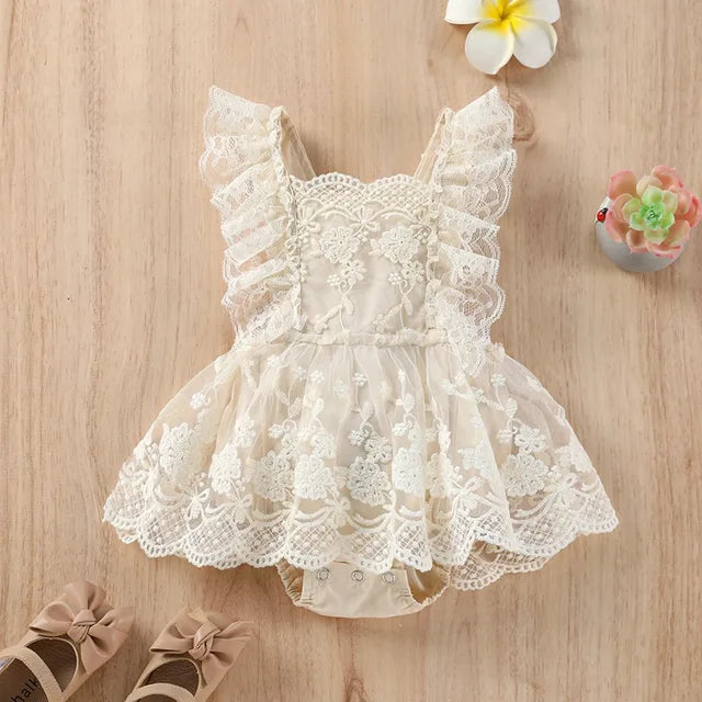Baywell Infant Baby Girl Net Yarn Flying Sleeves Lace Embroidered Pearl Bodysuit Sweet Backless White Jumpsuit Summer Clothes