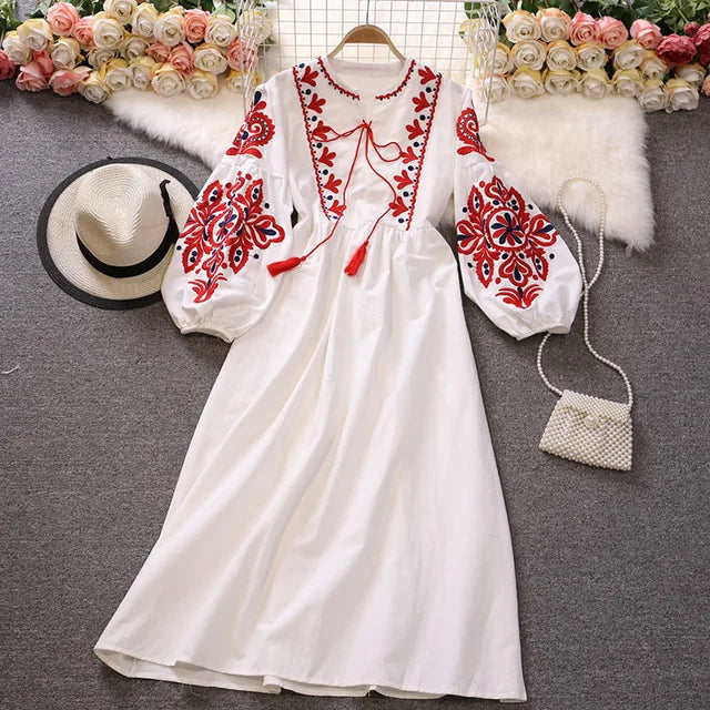 EWQ Sweet Style Y2K Women Nice Foreve Dress Embroidery O-neck Bandage Long-sleeve White Dresses Womens Spring Summer 2023 New