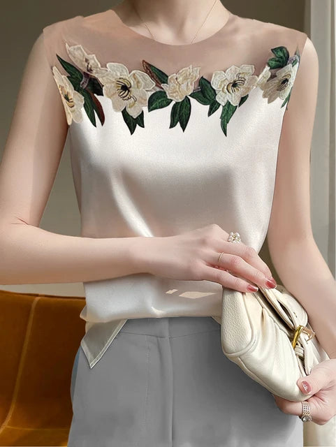 Elegant Embroidery Shirt High Quality Long Lantern Sleeve O-neck Tops Spring Autumn Mesh Patchwork Satin Blouse Women's Clothes