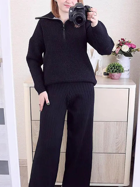 Autumn and Winter Zipper Sweaters Set Thickening Warm Knitted High Waist Women Pants Suit White Elegant Two Piece Set for Women