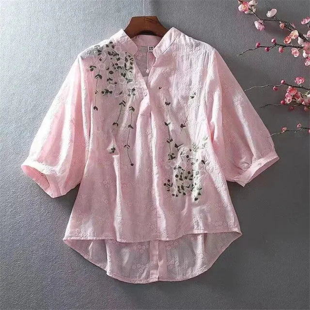 Literary Cotton Shirts For Women Embroidery Flowers Woman Blouses V-neck Half Sleeve Lace Blouses Summer Thin Top Female Shirt