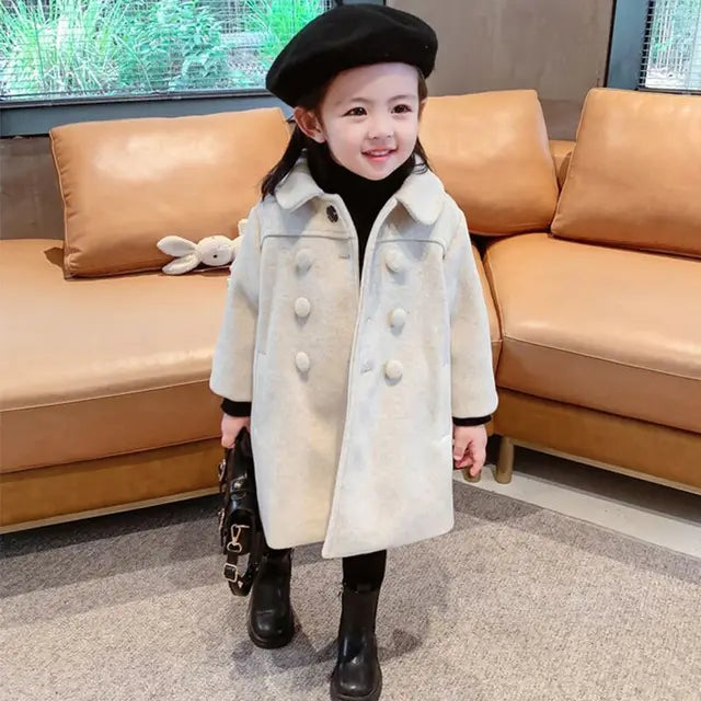 Double Breasted Girls Woolen Coats Autumn Winter Trench Jacket Coat 2-6Yrs Children Clothes For Kids Outerwear Birthday Present