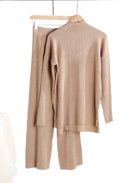 Autumn Winter 2 Pieces Women Sets Knitted Tracksuit Turtleneck Sweater and Straight Jogging Pants Suits
