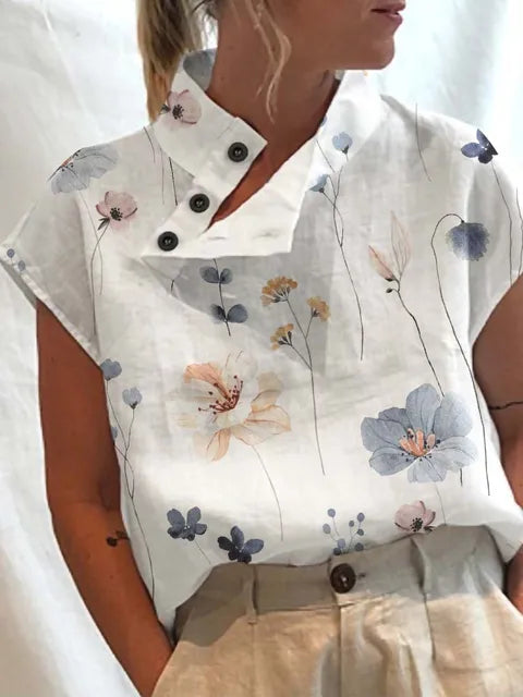 Leisure Summer Blouse Women Tops Vintage Floral Print Short Sleeve White Blouses Casual Buttons Slit Stand Neck Top Blusas