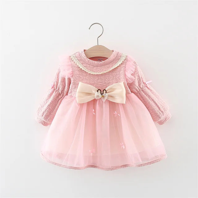 Autumn Baby Girl Long Sleeve Mesh Dress Lace Bow Cute Party Children Clothing Fashion Korean Style Toddler Kids Costume 0 To 3Y