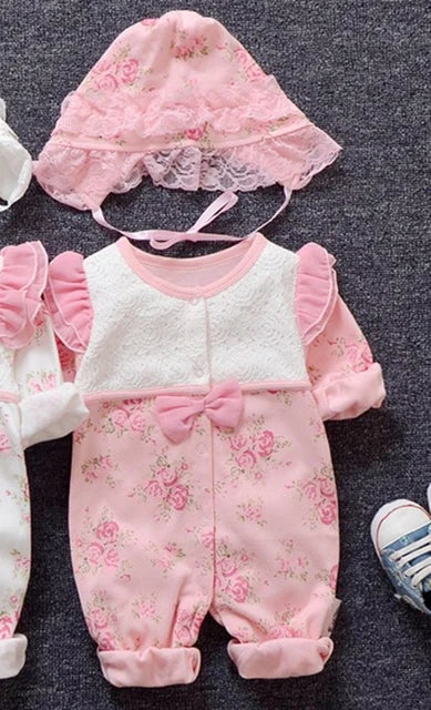 Spring Newborn Baby Girl Clothes Lace Flowers Princess Jumpsuit + Hats Infant Girls Bodysuits Onesie