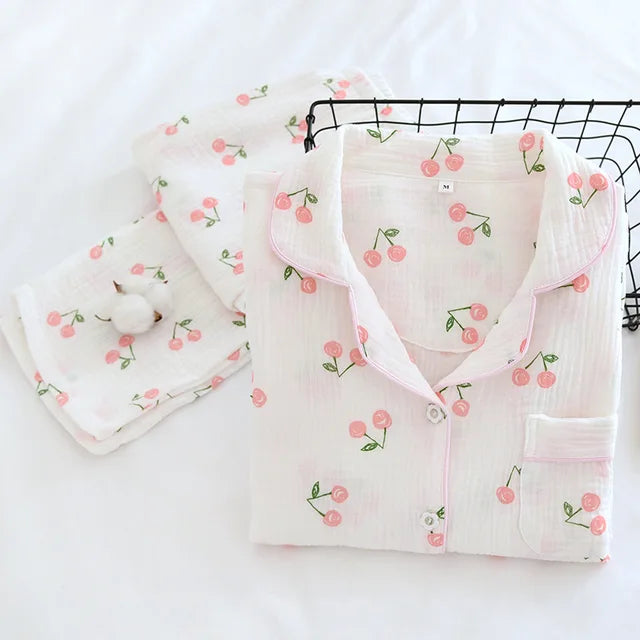 Fdfklak Spring And Fall Full Sleeve Homewear Loose 2Pcs Pajama Set 100% Gauze Cotton Casual Print Sleeping Shirt Home Wear
